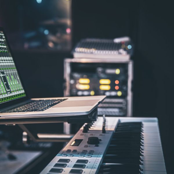 Laptop screen showing interface music program working with sound 600x600